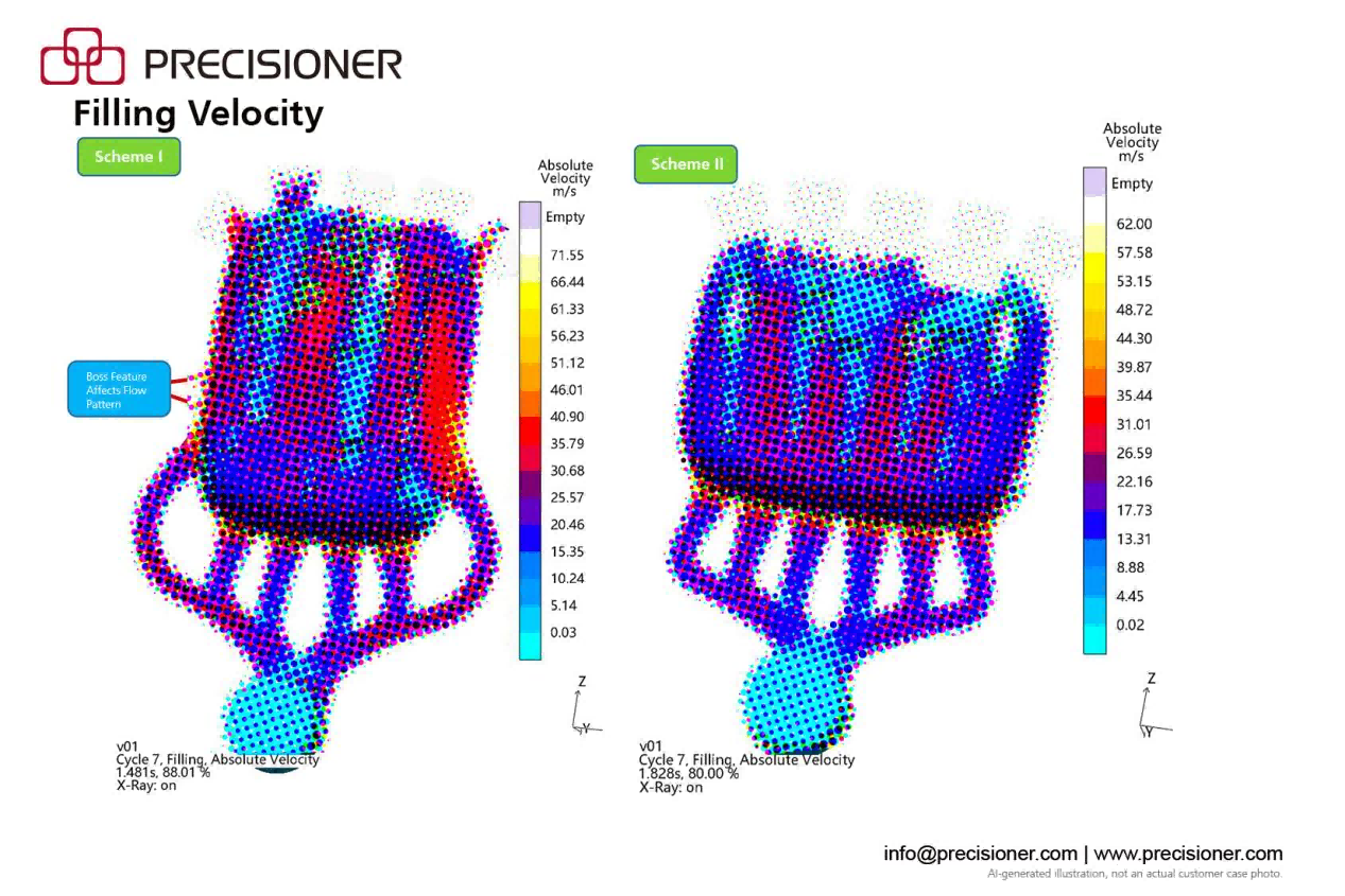 HPDC mold filling velocity simulation comparing two gating schemes