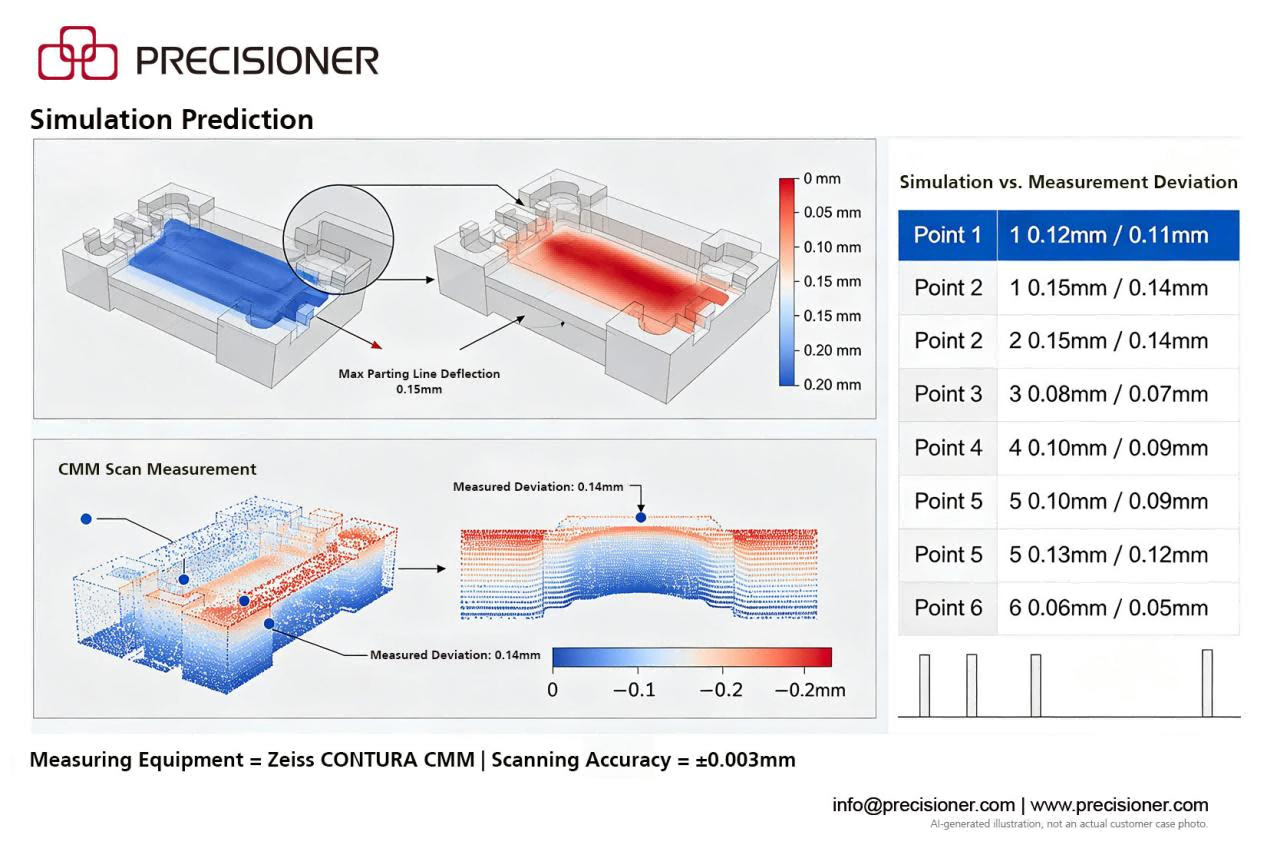 Die casting mold deflection simulation prediction compared with CMM scan measurement